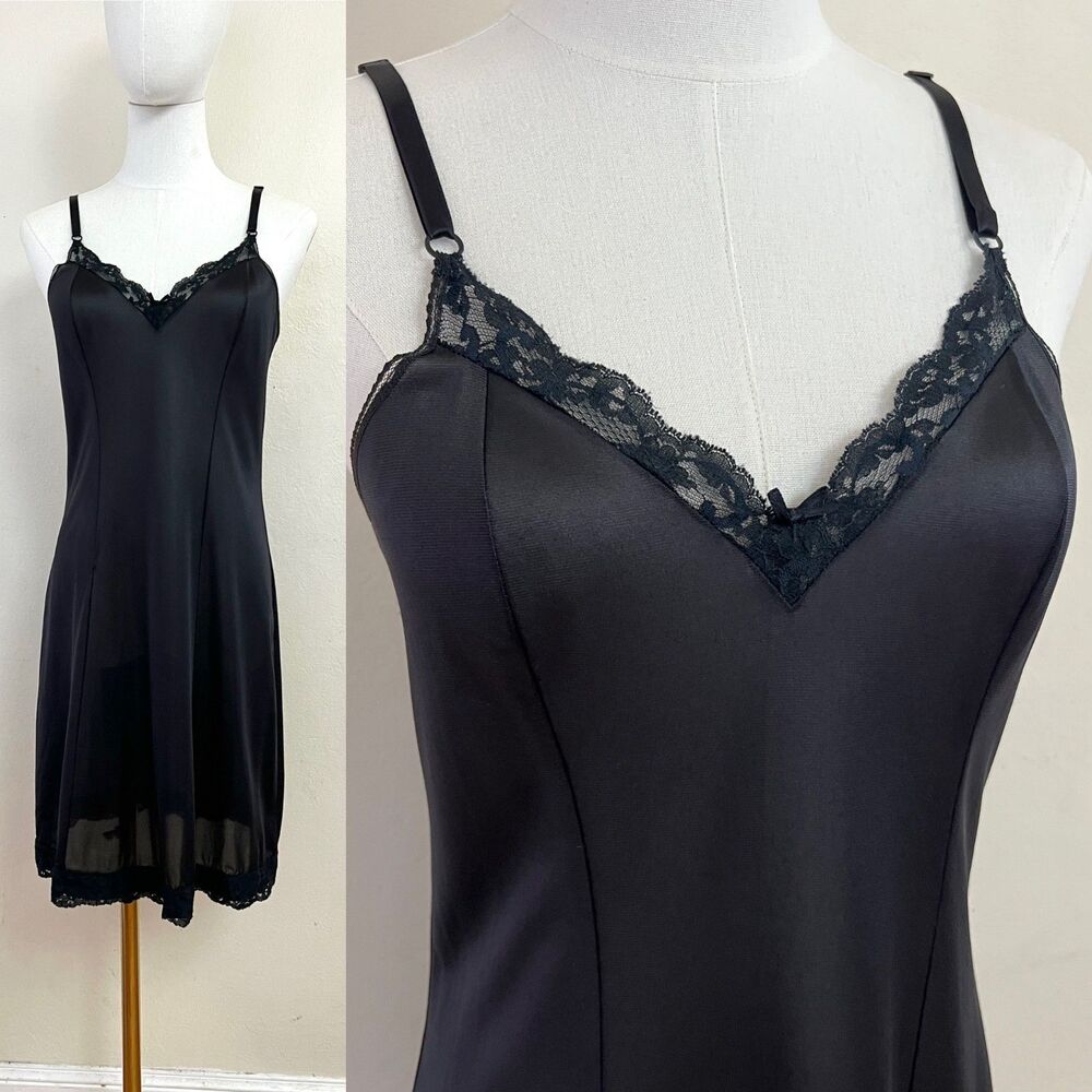 Vintage JCPenny Black Courtney Love Style Slip Dress Lace Trim 90s Grunge Size M